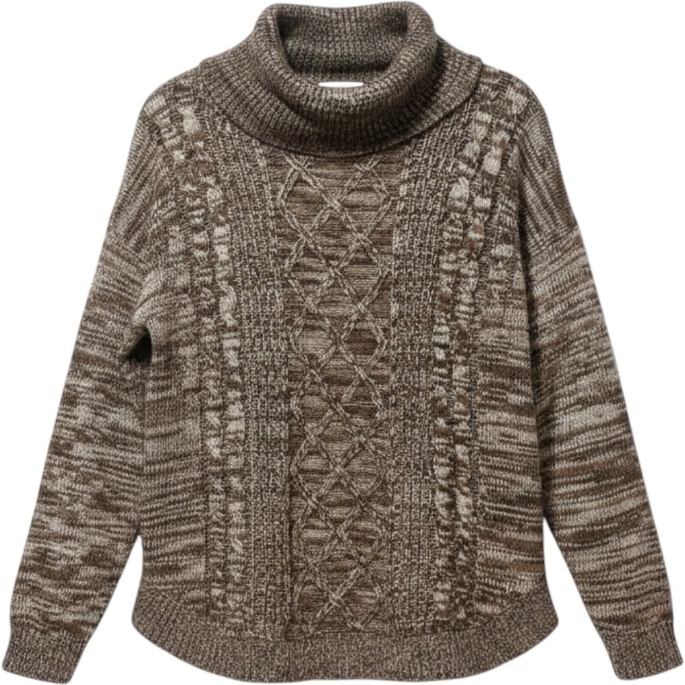 Jason Maxwell Womens XL Cowl Neck Cable Knit Sweater‎ Brown Marled Oversized